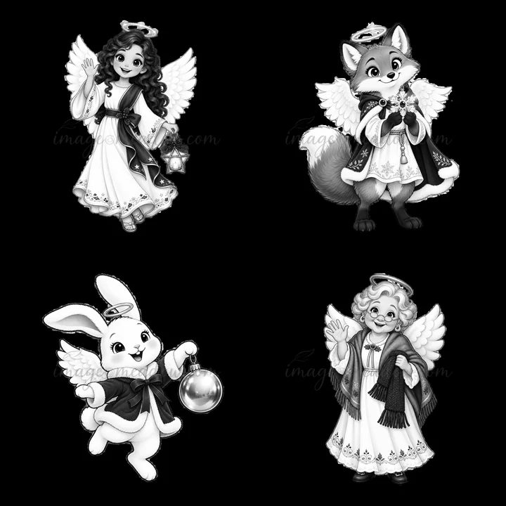 This illustration features four cartoon angel characters. Each character holds a festive accessory and displays unique outfits. They are arranged in a 2x2 layou