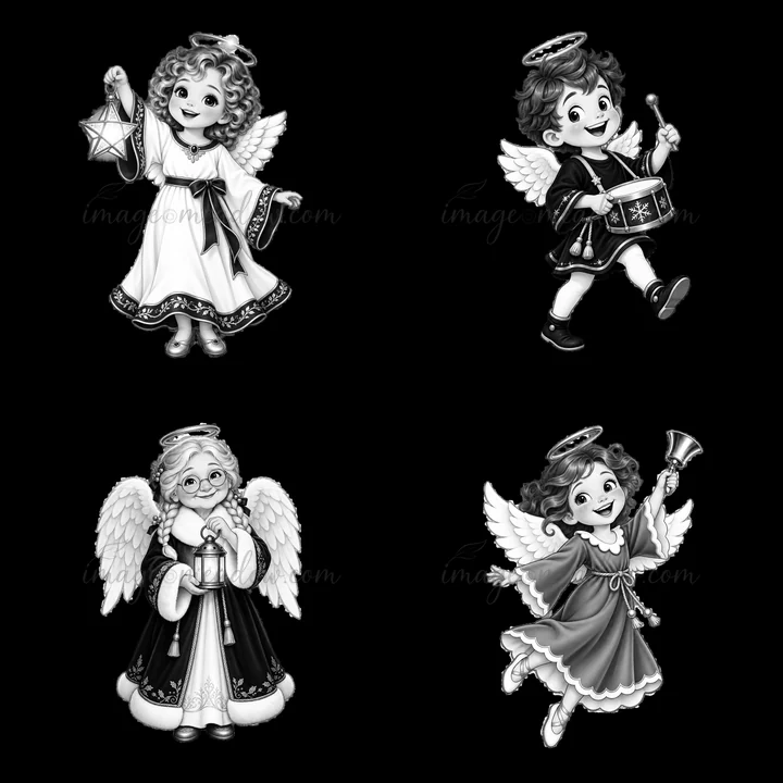 Four cartoon angels arranged in a 2x2 grid, each angel is dressed in different outfits. They hold items like a star, drum, lantern, and bell. The illustration i
