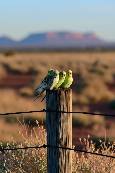 Four colorful budgerigars perch on a fence post with a blurred desert landscape and mountains behind them.
