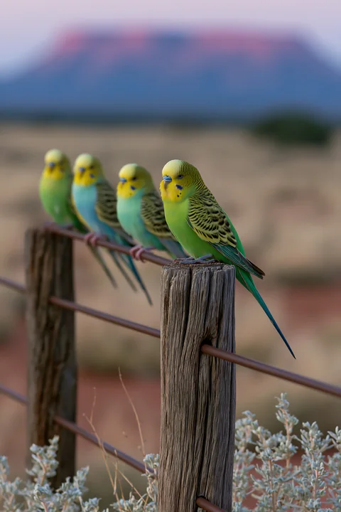 Four colorful budgerigars perch on a rustic wire fence against a softly blurred desert landscape.