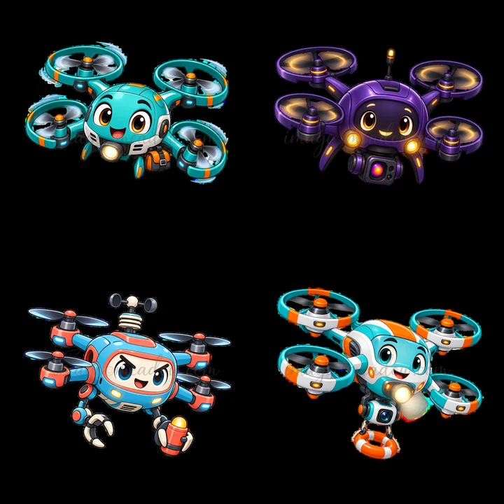 Four cartoon drones are arranged in a 2x2 layout. Each drone has a distinct design and expression, showcasing different colors and accessories. They have eyes a