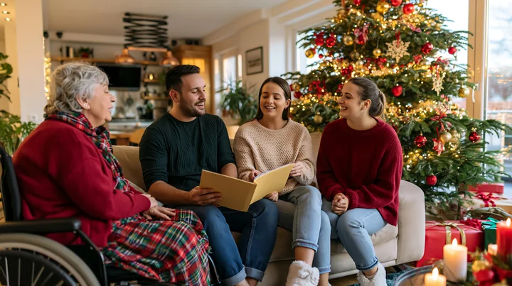 Four family members sing from a songbook indoors beside a decorated Christmas tree.