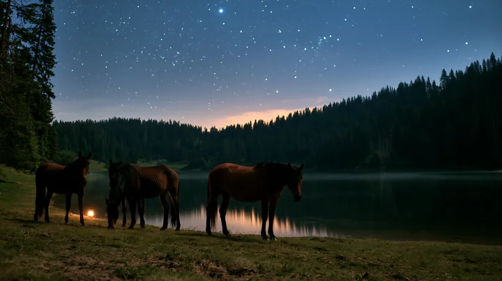 Four horses stand near a lake as stars fill the night sky.