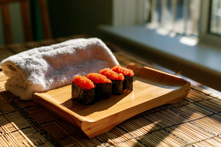 Four pieces of sushi with vibrant tobiko roe are neatly arranged on a wooden plate.