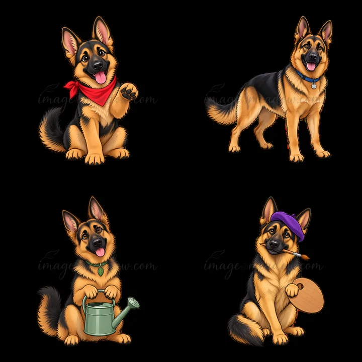 Four cartoon-style illustrations of German Shepherd dogs. Each dog displays different actions and accessories.
