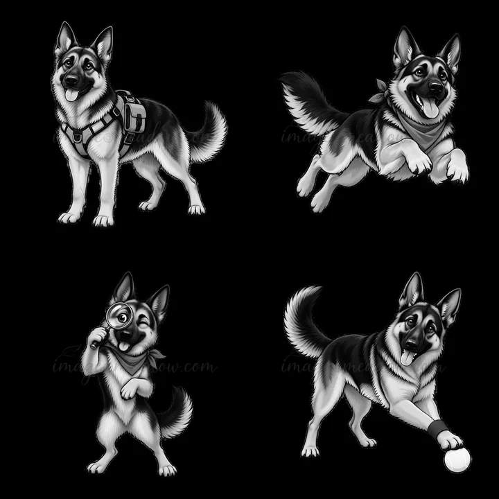 The sticker illustration shows four German Shepherd dogs in different poses. One dog wears a harness, another has a bandana, one holds a magnifying glass, and t