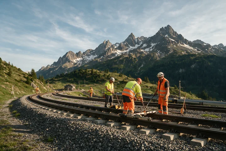 Four railway workers maintain tracks beneath rugged, snow-dusted Alpine peaks.