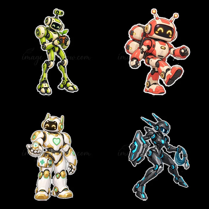 Four cartoon mech robots are featured in a grid layout. The robots show different designs and colors, including green, red, white, and black. They each have uni