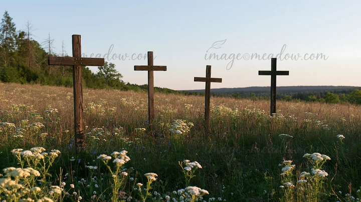Four wooden crosses are placed in a field filled with wildflowers during sunset. The warm light highlights the crosses against the backdrop of trees and distant