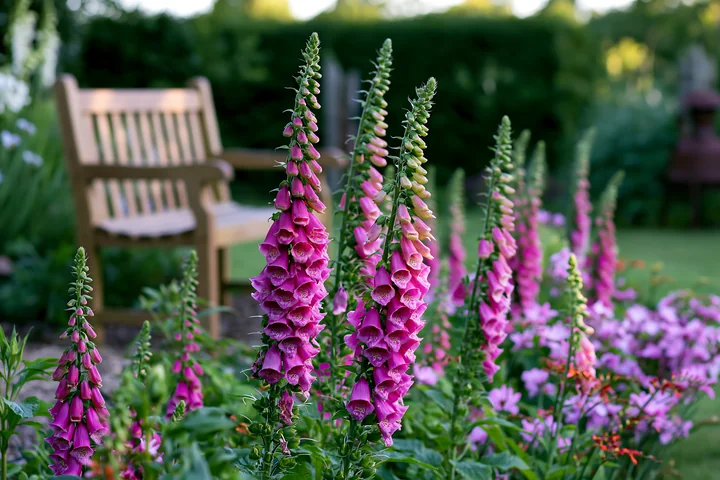 Foxglove flowers bloom by a cottage in a garden setting, with vibrant pink blooms standing tall next to a wooden bench surrounded by greenery and various other