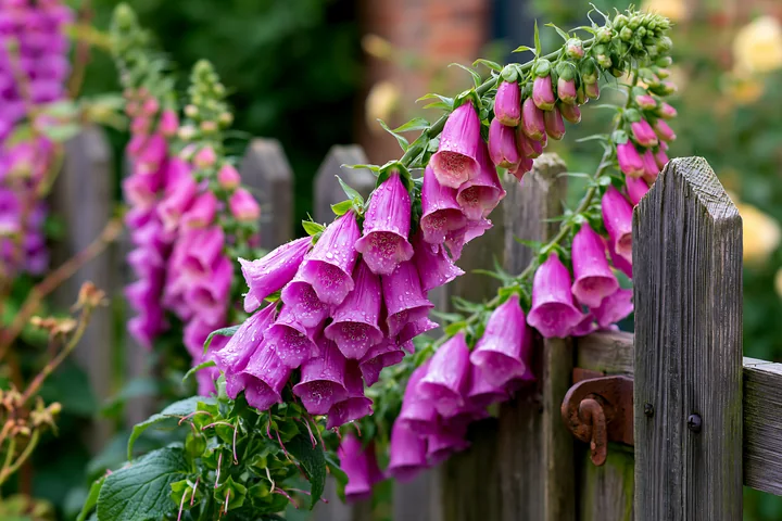 Foxglove flowers grow beside a wooden fence near a cottage.