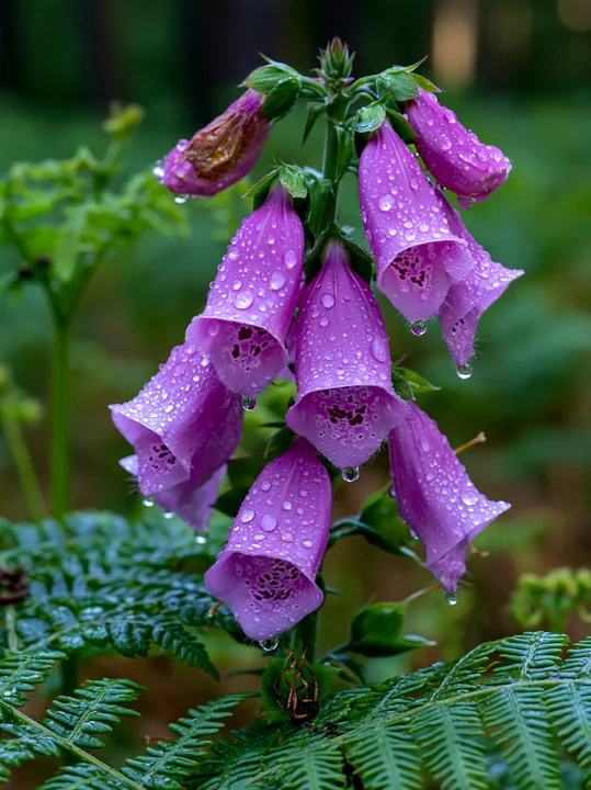 Foxglove flowers in woodland clearing display vibrant purple blooms surrounded by green foliage.