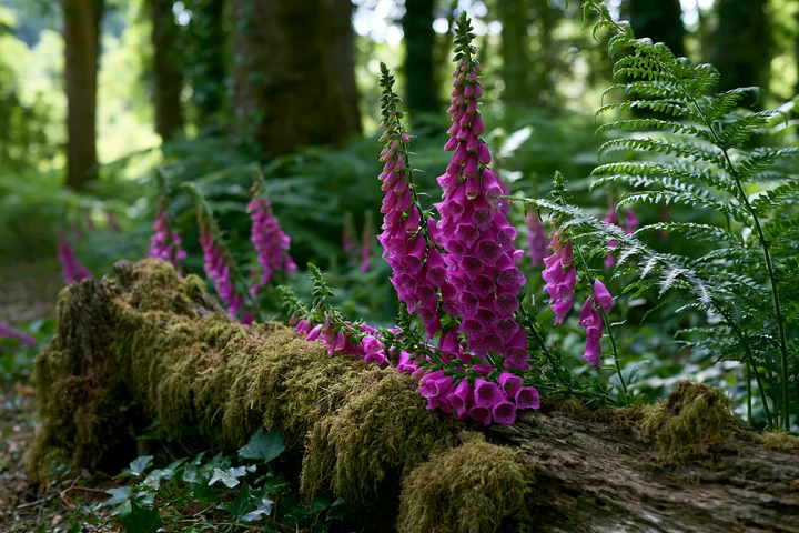 Foxglove flowers stand tall among greenery in a woodland clearing, showcasing vibrant colors against the soft backdrop of moss-covered logs and ferns.