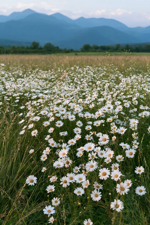 A view of a meadow filled with white flowers below the Pyrenees mountains. The landscape shows numerous flowers in full bloom against a green backdrop, creating