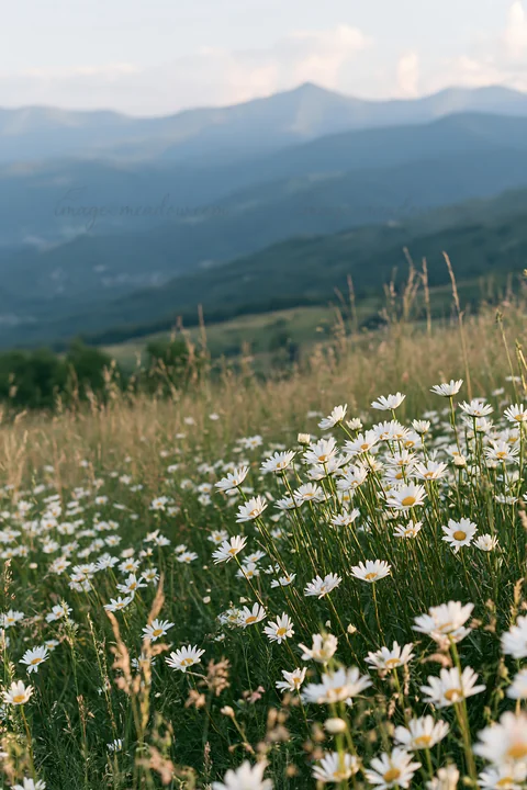Daisies bloom in a vast meadow under a clear sky near the Pyrenees mountains. The rolling hills create a natural landscape that captures the essence of French c