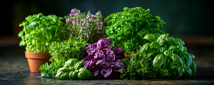 Fresh herbs like basil, thyme, parsley, and mint are arranged on a dark wooden surface.