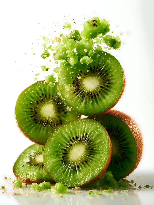 Fresh kiwi slices are stacked in an artistic arrangement with bits of green pulp scattered around them.