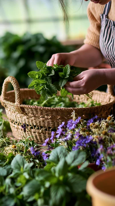 Fresh meadow flowers are arranged near a handwoven basket being filled with herbs.