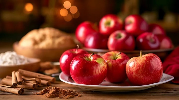 Fresh red apples sit on a plate next to a baked pie, a bowl of flour, and cinnamon sticks.