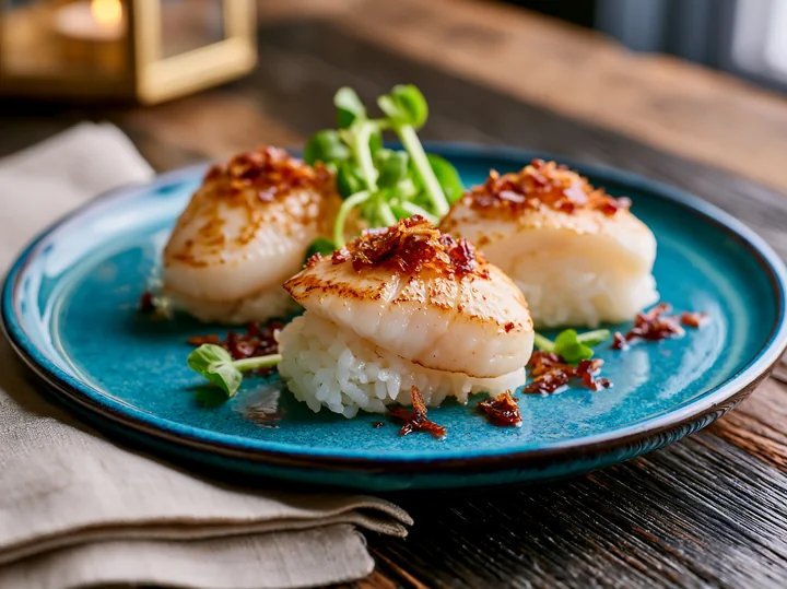 Fresh scallop nigiri with garnish sits on a blue plate on a wooden table, showcasing the seafood delicacy with a touch of green sprouts on the side.
