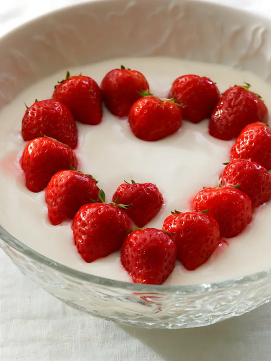 Fresh strawberries arranged in a heart shape on a creamy dessert in a glass dish.