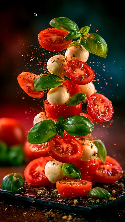 Fresh tomatoes and mozzarella cheese balls are stacked in the air, surrounded by basil leaves.
