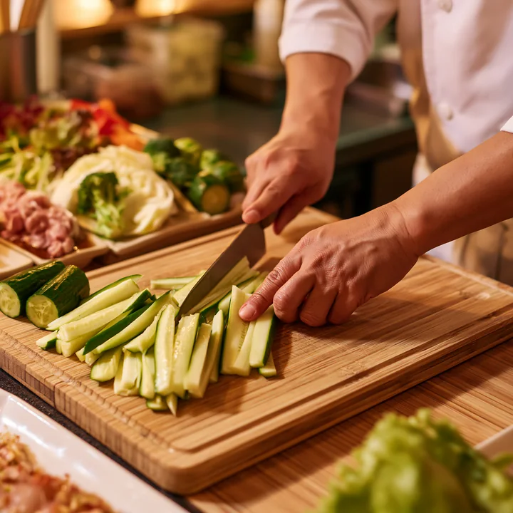 Fresh vegetables are being sliced as a chef prepares sushi at the restaurant counter.