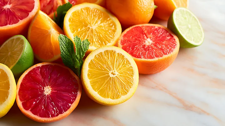 Freshly cut citrus fruits including oranges, lemons, limes, and grapefruit are displayed on a marble surface.