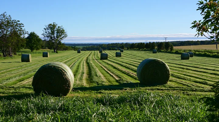 Freshly cut meadow rows show bales of hay in a rural setting.