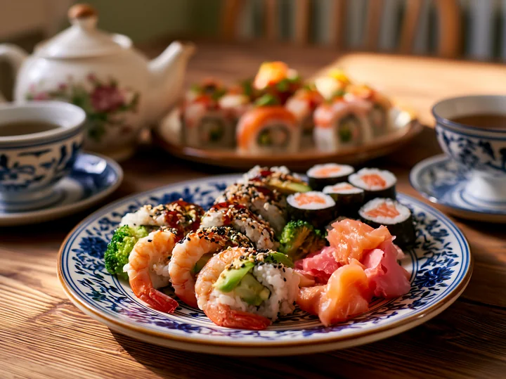 Freshly prepared sushi close-up with shrimp, avocado, and seaweed sits on a decorative plate beside a teapot and cups.