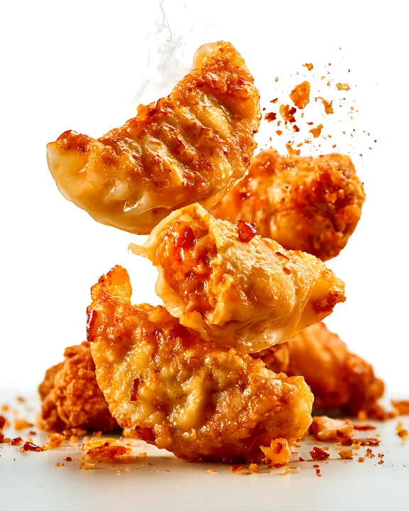 Fried dumplings and chicken pieces are shown floating mid-air with a sprinkle of seasoning around them.