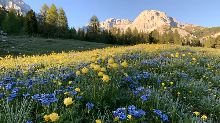 A meadow blanketed in frost features yellow and blue wildflowers. In the background, tall mountains rise under a clear blue sky. The scene captures a bright mor