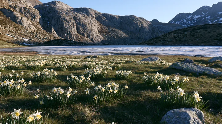 A meadow of white flowers grows near a frozen tarn during daylight. Mountains rise in the background, showing rocky terrain and patches of snow. This scene capt