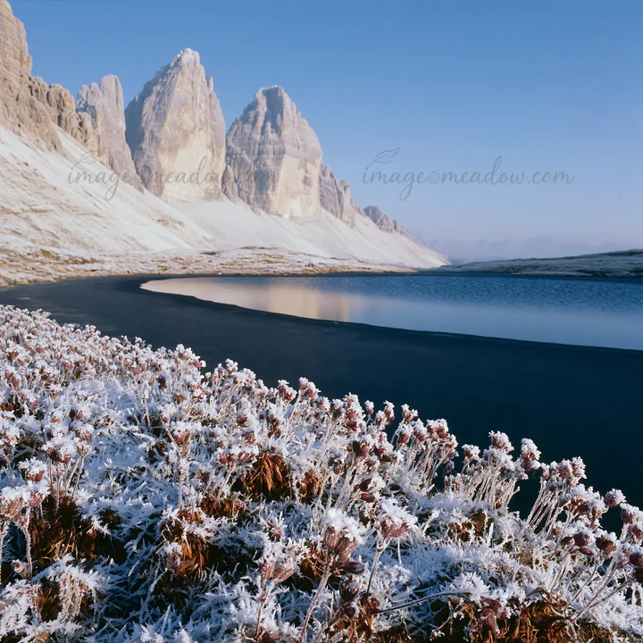 A frozen tarn is bordered by a frozen meadow with snow-covered plants. The sunlight reflects off the calm water near tall mountains under a clear blue sky. This