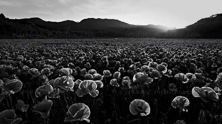 Red blossoms cover a meadow in Fukuoka, reflecting the warm colors of the sunset. Mountains rise in the background as the sky transitions to evening. Presented