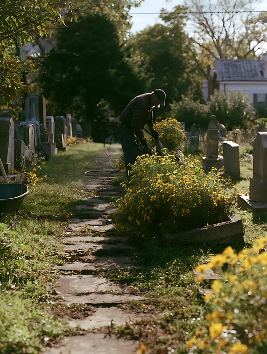Gardener tending a grave with yellow flowers among tombstones and greenery in warm sunlight.
