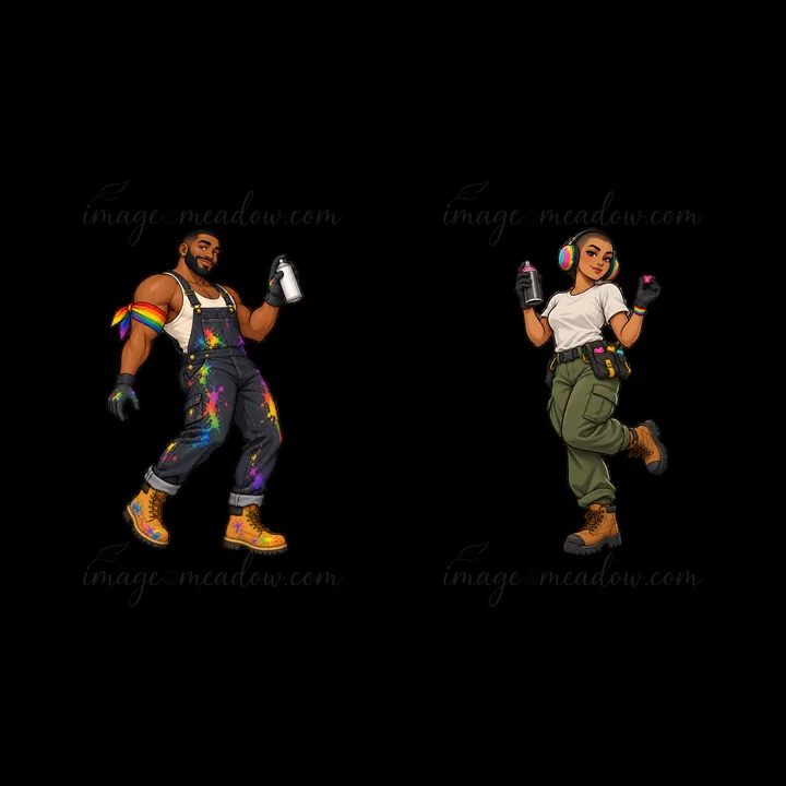 Title Gay graffiti spray painter duo with colorful outfits and accessories Description Two cartoon characters showcase their spray painting skills.