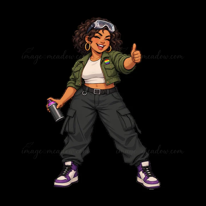 A young woman stands confidently while giving a thumbs up. She wears a cropped jacket, cargo pants, and holds a spray can. Her outfit features bold colors, and