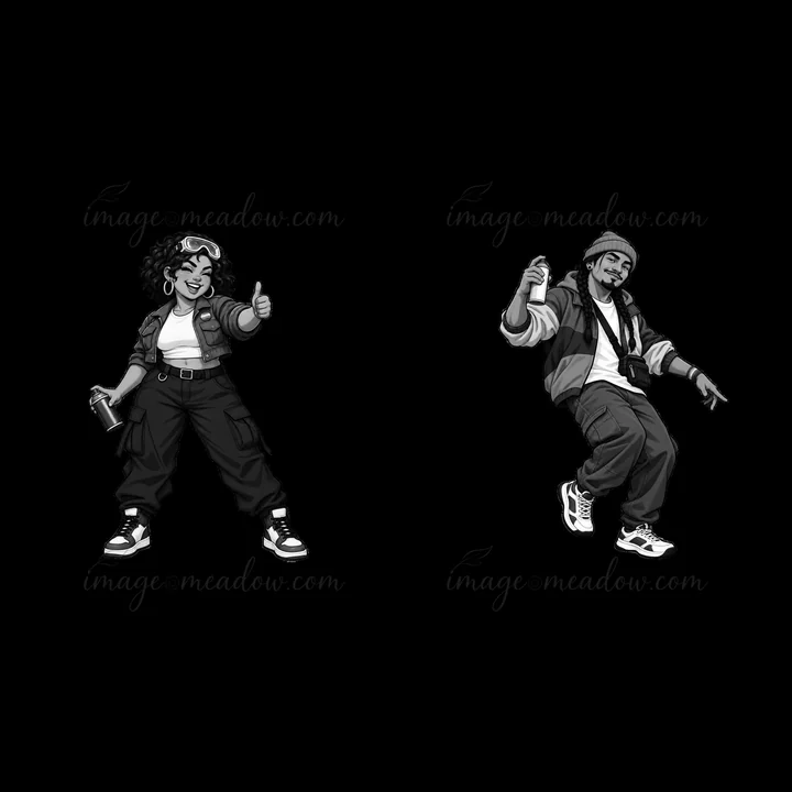Two cartoon characters stand confidently in a creative pose. The first character holds a spray can and gives a thumbs up. The second character dances with a spr
