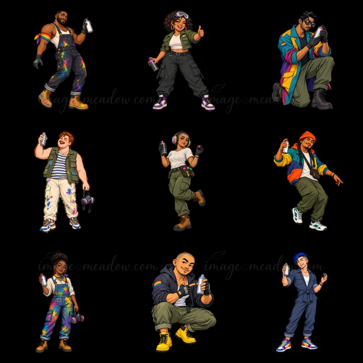 A group of diverse graffiti artists stands in a 3x3 layout, each holding spray cans. They are dressed in casual clothing and showcasing various styles. The arti