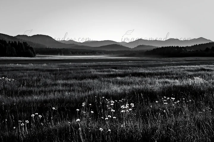 A large, open meadow in the German foothills features tall grass and wildflowers. Mountains rise in the background as the sun sets, creating a warm light across