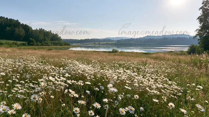 A lakeside meadow in Germany features a field of wildflowers under bright sunlight. The landscape includes green grass, trees, and a peaceful lake in the backgr