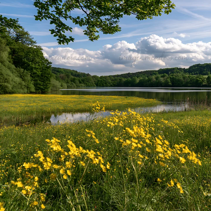 Yellow flowers grow in a meadow near a lake in Germany. Green trees surround the water, and white clouds fill the sky. The scene shows the natural beauty of the
