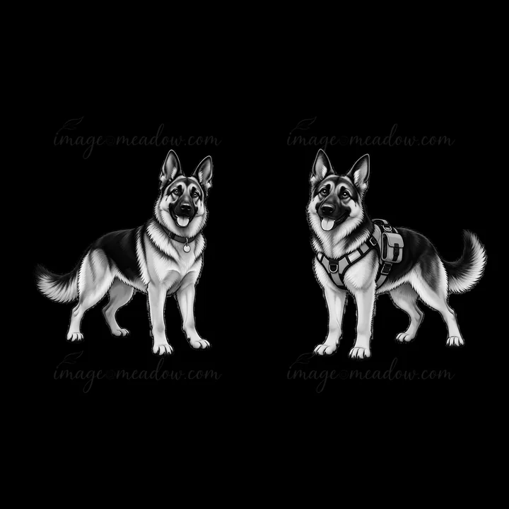 Two cartoon German Shepherd dogs stand side by side. One has a collar, and the other is wearing a harness. Both have alert expressions and a playful stance. The