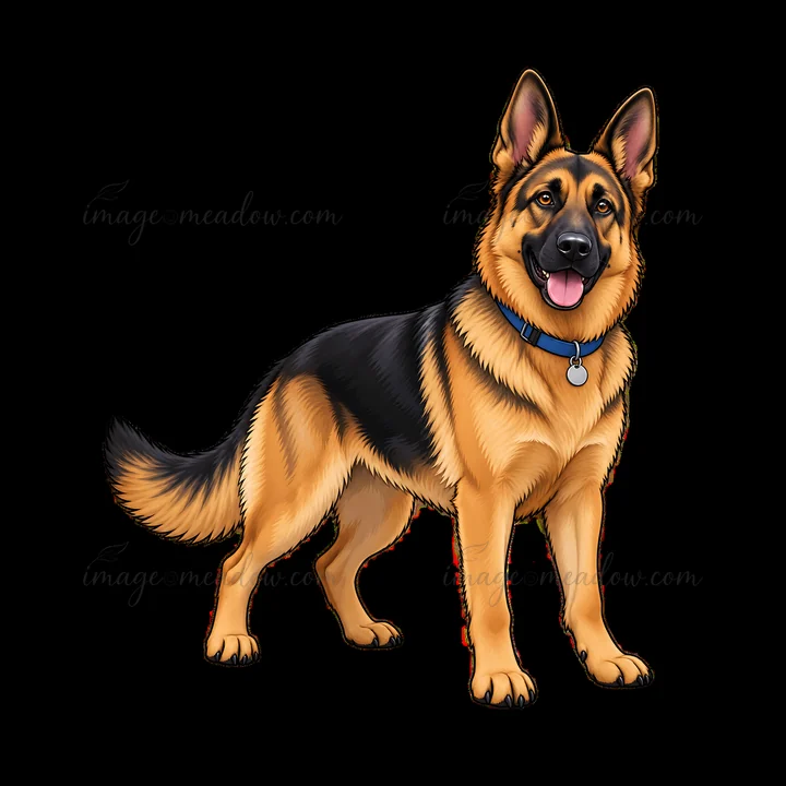 A cartoon illustration shows a German Shepherd dog with a glossy coat. The dog has a happy expression, a blue collar, and is standing upright with its tail rais