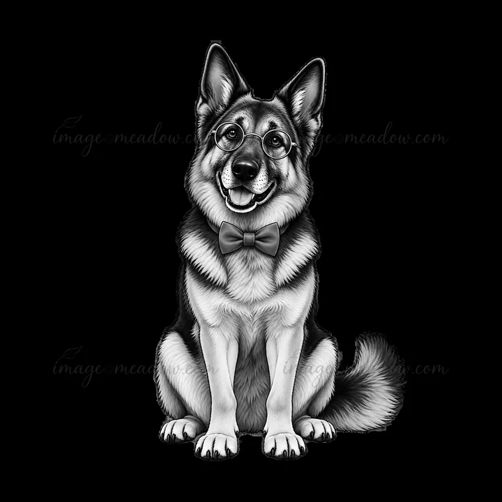 A German Shepherd dog sits upright, wearing glasses and a bow tie. The illustration captures the dog's friendly demeanor and attentive expression, set against a