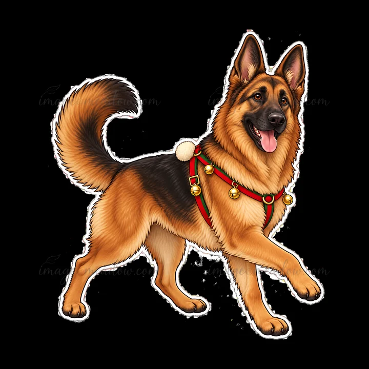 A German Shepherd dog walks joyfully with a red harness decorated with bells. The dog's fur is tan and black, and it has a happy expression, making it a festive