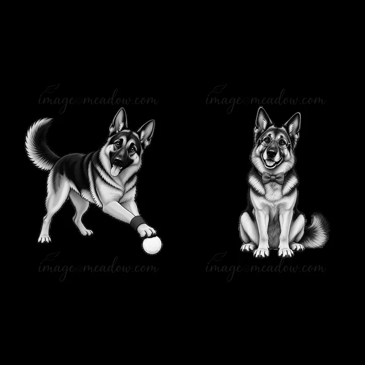 A cartoon illustration shows a german shepherd dog playing with a ball on one side and another german shepherd sitting on the ground. Both illustrations are in