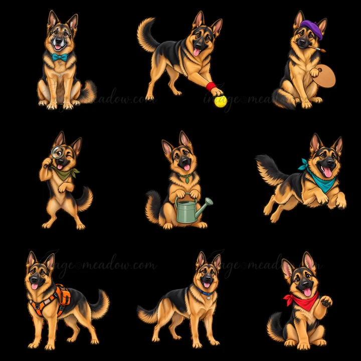 Nine cartoon stickers display German Shepherd dogs engaging in various playful activities. Each dog has a different accessory, showcasing their lively personali