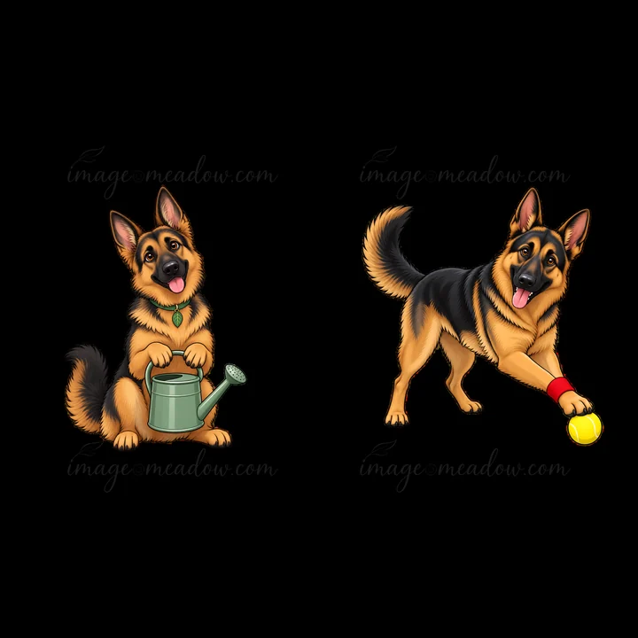 Two cartoon German Shepherd dogs are depicted. One dog sits with a watering can, while the other stands with a tennis ball in its mouth. Both dogs show playful